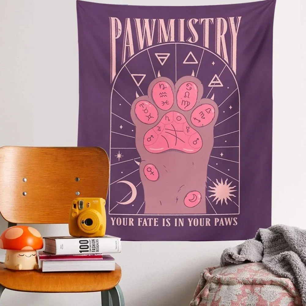 Pawmistry Tapestry Funny Cute Cat Tarot Palmistry Witchy Wall Decor Pink Purple